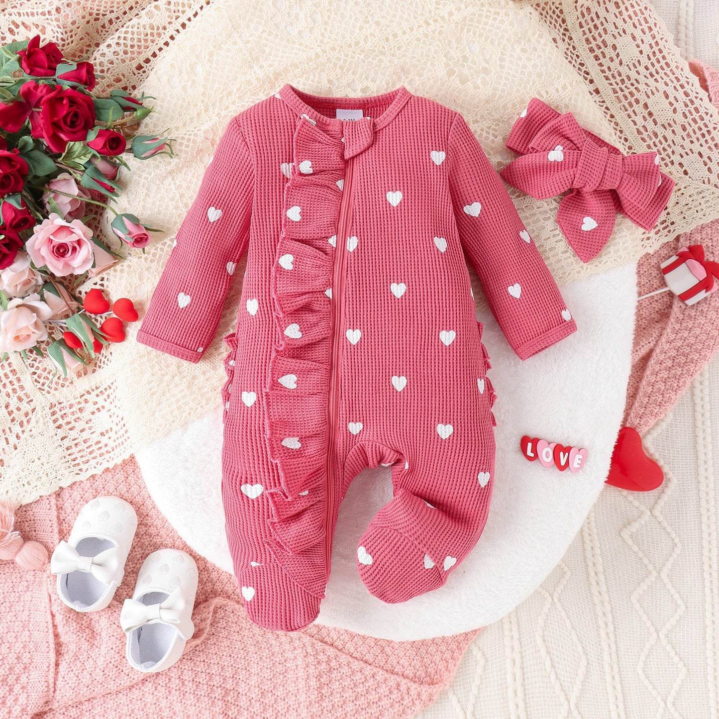 Heart Print Cozy Onesie Set