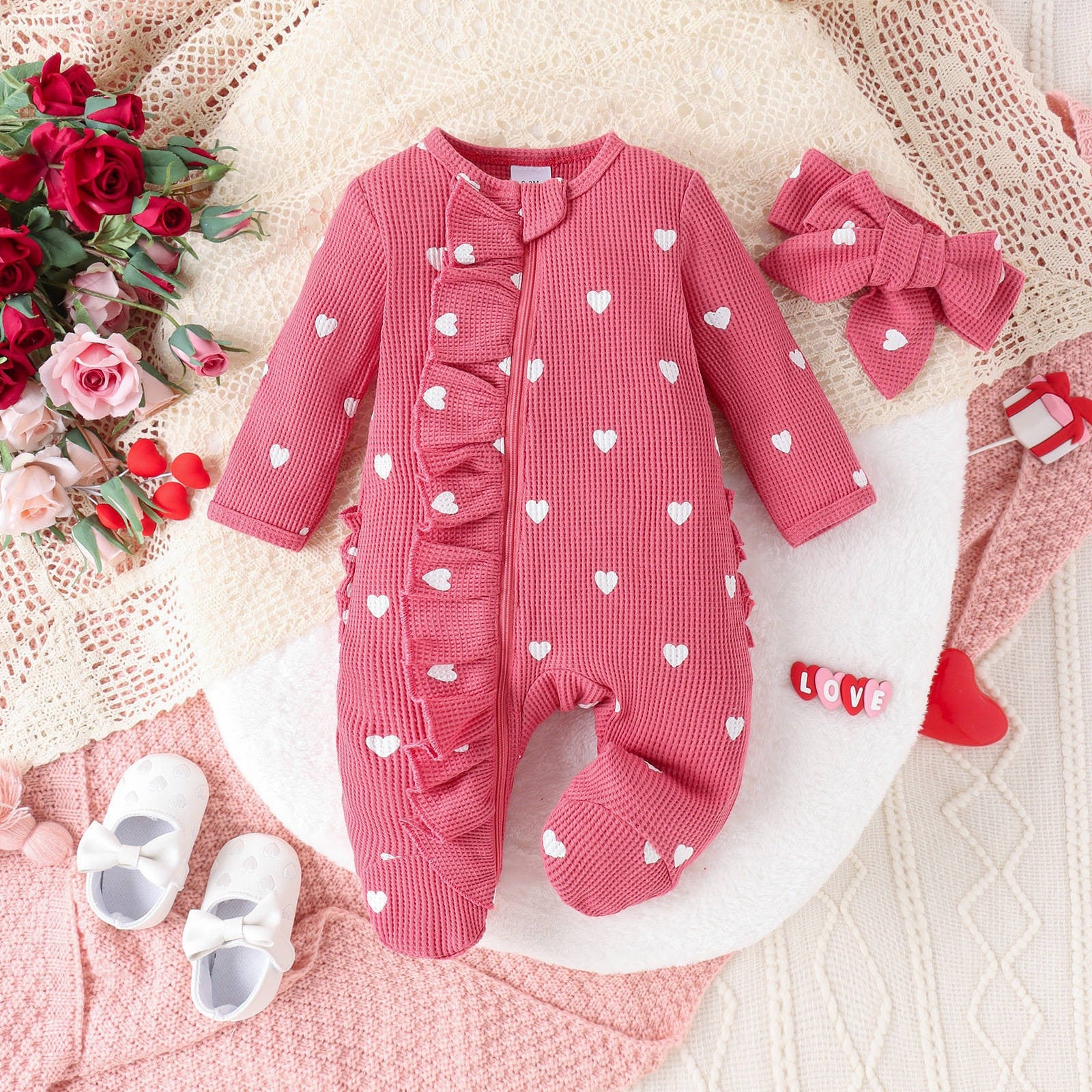 Heart Print Cozy Onesie Set