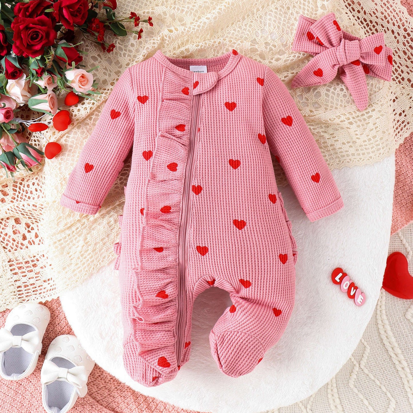 Heart Print Cozy Onesie Set